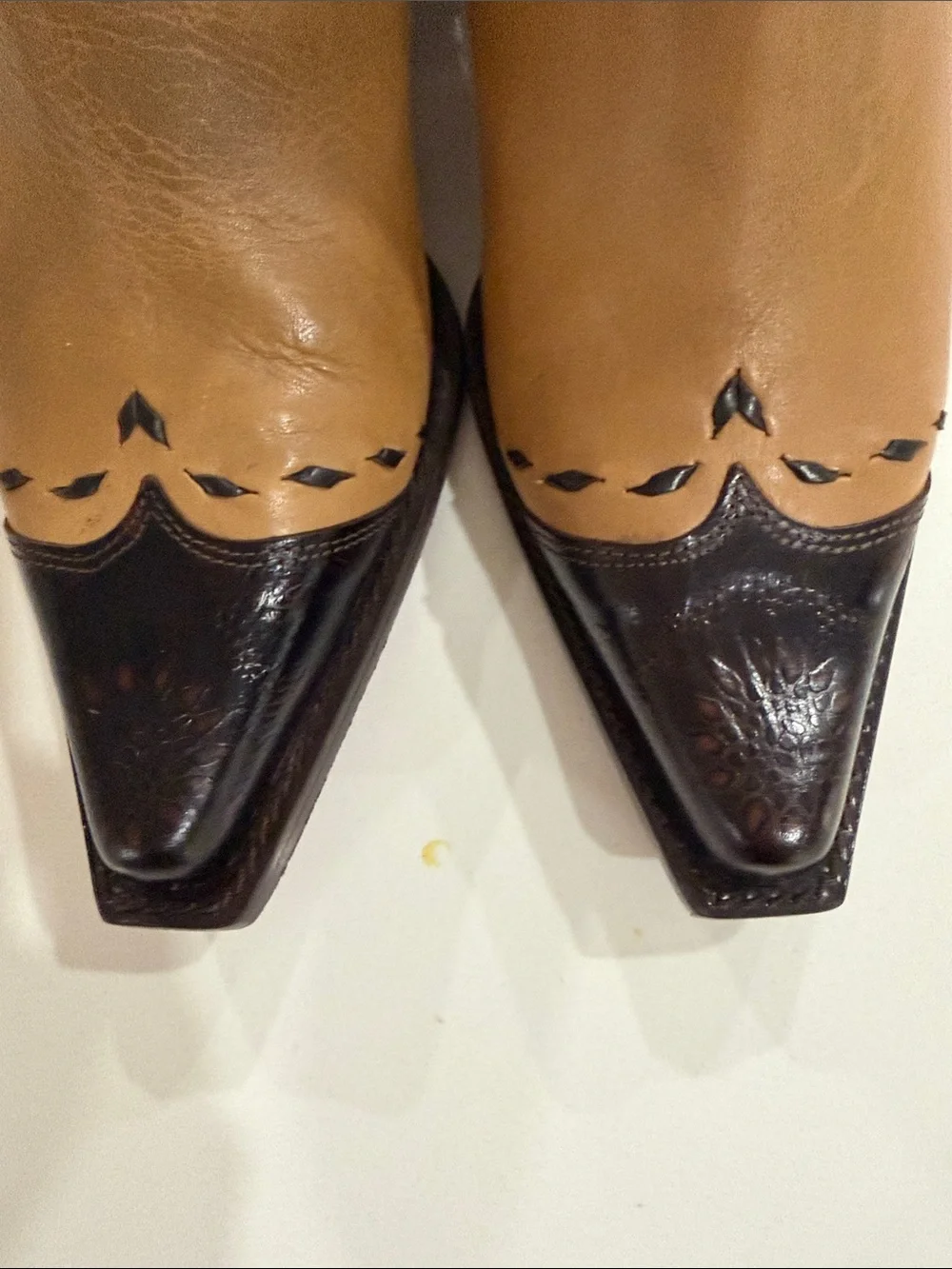 Donald J. Pliner Two-Tone Tan and Black Pointed Ankle Booties